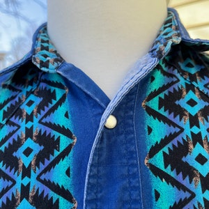 Rustler by Wrangler Aztec Design Western Shirt Blue Turquoise and Black Mens Large 1990s image 3