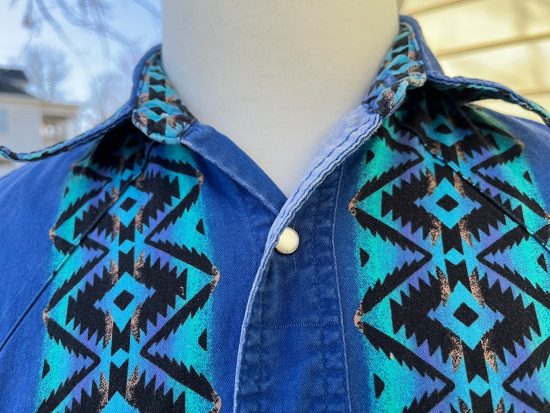 Rustler by Wrangler Aztec Design Western Shirt Blue Turquoise and Black Mens Large 1990s image 3