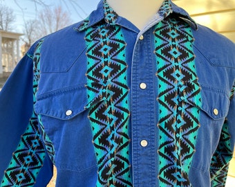 Rustler by Wrangler Aztec Design Western Shirt Blue Turquoise and Black Mens Large 1990s