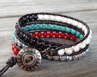 Turquoise, Red, White and Silver Triple Beaded Leather Wrap Bracelet w/Silver Button