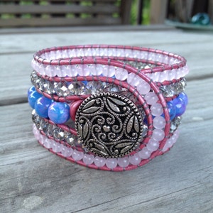 Blue/Pink Jade, Glass and Pink Quartz Beaded Leather 5-Row Cuff Bracelet w/ Silver Button
