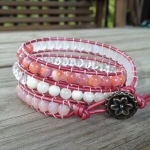 Pink, White and Clear Triple Beaded Leather Wrap Bracelet w/ Silver Button