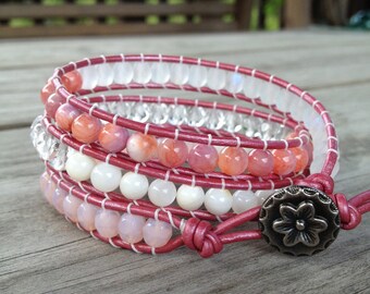 Pink, White and Clear Triple Beaded Leather Wrap Bracelet w/ Silver Button