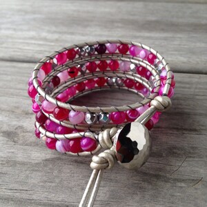 Pink Agate and Silver Czech Beaded Triple Leather Wrap Bracelet
