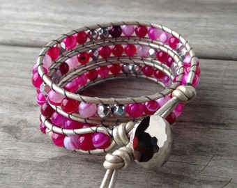 Pink Agate and Silver Czech Beaded Triple Leather Wrap Bracelet