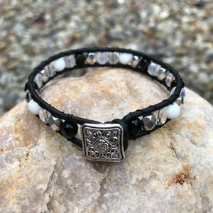 Silver, Black, Clear, & Gray Beaded Leather Wrap Bracelet