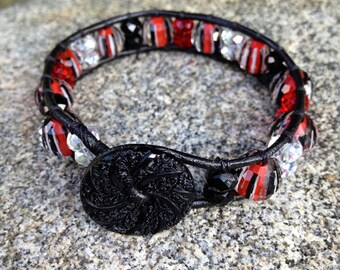 OSU Red/White/Black Beaded Leather Wrap Bracelet w/ Black Button
