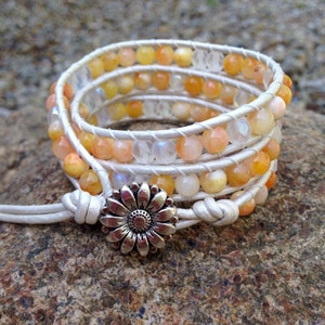 Yellow Jade and White Czech Glass Beaded Triple Leather Wrap Bracelet