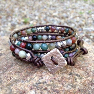 Fancy Jasper and Silver Czech Glass Beaded Triple Leather Wrap Bracelet w/ Sterling Silver Button
