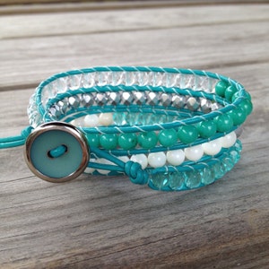 Teal, White and Silver Triple Beaded Leather Wrap Bracelet w/Teal Button