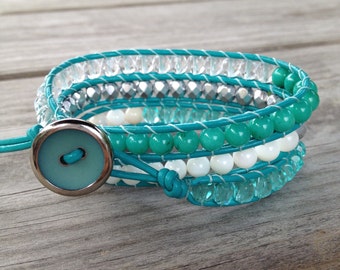 Teal, White and Silver Triple Beaded Leather Wrap Bracelet w/Teal Button