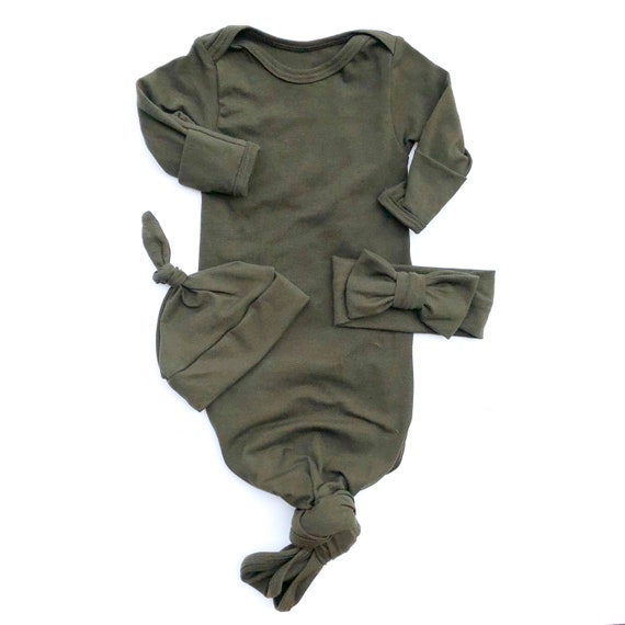 baby knotted gown,baby gift gender neutral baby clothes Baby knotted gown \u201cCole Light Olive Green with Camo Hat camo slouchy