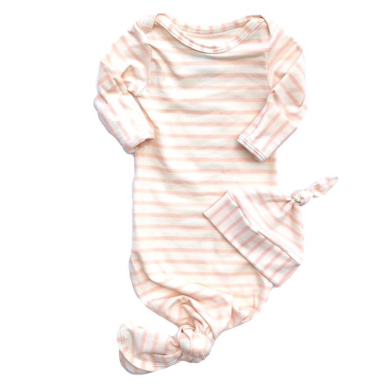 Knotted Sleeper Tie Bottom Sleeper Coming Home Outfit Newborn Gown Girl Outfit Blush Pink Stripe Knotted Baby Layette Gown