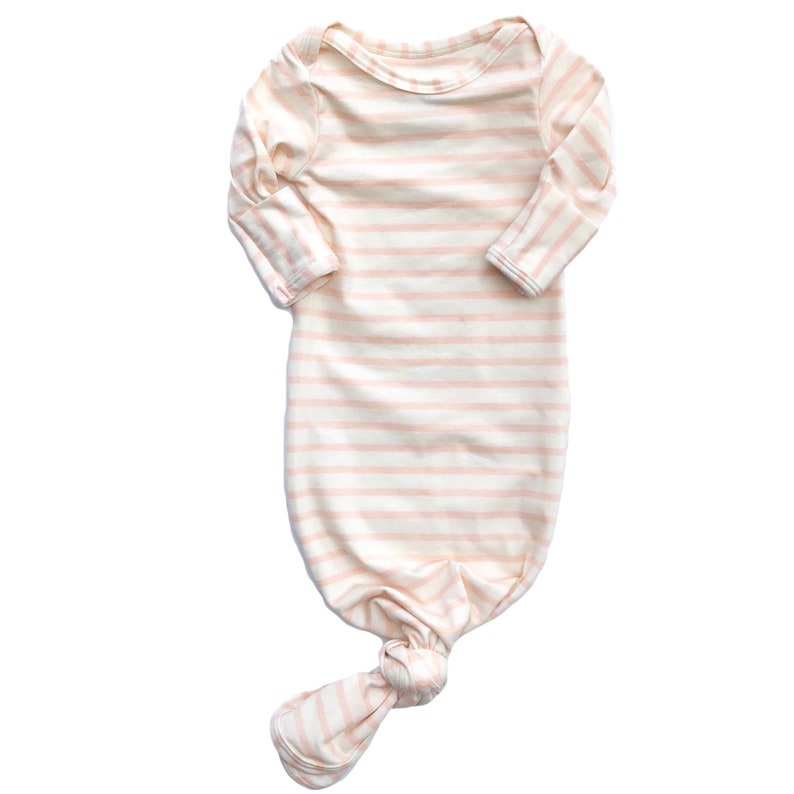Knotted Sleeper Tie Bottom Sleeper Coming Home Outfit Newborn Gown Girl Outfit Blush Pink Stripe Knotted Baby Layette Gown