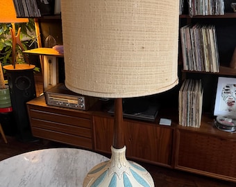 Mid-Century Modern Ceramic Table Lamp with Walnut Accents (Shade Not Included)