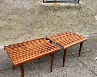 Mid Century Modern Slat Bench: Danish Walnut Coffee Table a pair