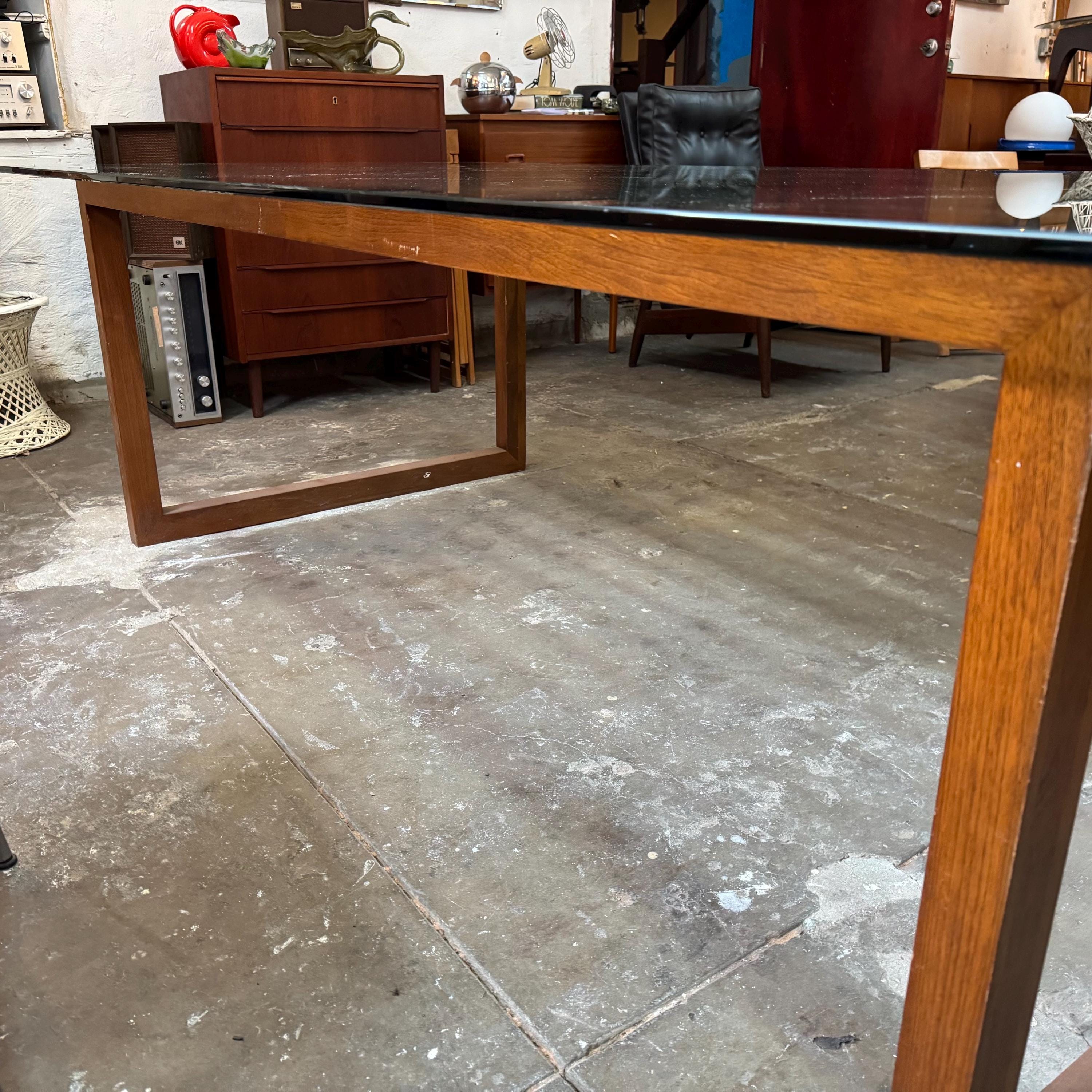 Mid-century Modern Glass Top Dining Table, Walnut Lattice Base - Etsy