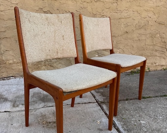 Mid Century Teak Dining Chairs: Danish Modern Wool Upholstery - set of 2