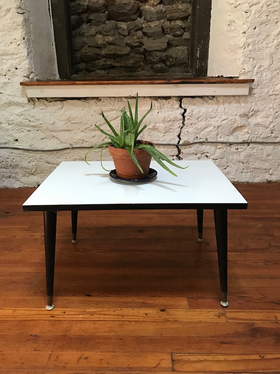 Mid Century Modern End Table: White Formica Top, Black Walnut Frame