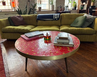 Mid Century Modern Coffee Table: Danish Mosaic Top, Tapered Legs