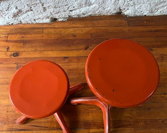 Mid Century Modern Orange Metal Stools, Adjustable Height, Set of 2