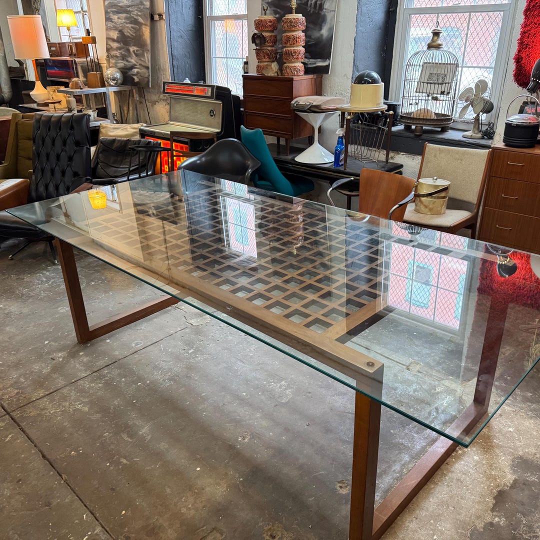 Mid-century Modern Glass Top Dining Table, Walnut Lattice Base - Etsy