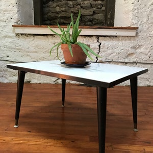 May include: A white mid-century modern coffee table with black legs and a plant in a terracotta pot on top.