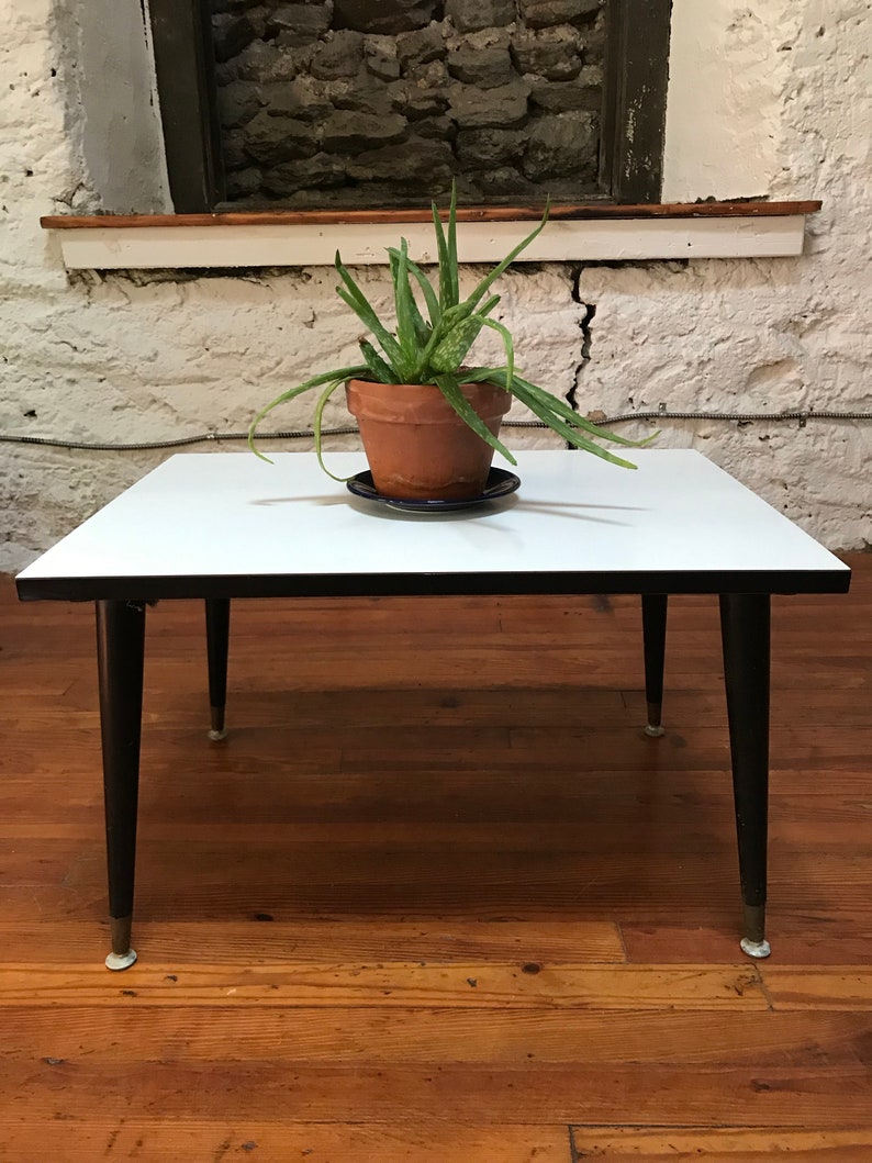 May include: A white mid-century modern coffee table with black legs and a plant in a terracotta pot on top.