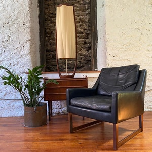 Mid Century Danish Modern Black Leather Lounge Chair, Walnut