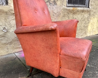Mid-Century Modern Leather Lounge Chair & Ottoman, Chrome Frame
