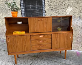 Danish Mid Century Modern Teak Credenza: Drop Front, Glass Door, Tapered Legs
