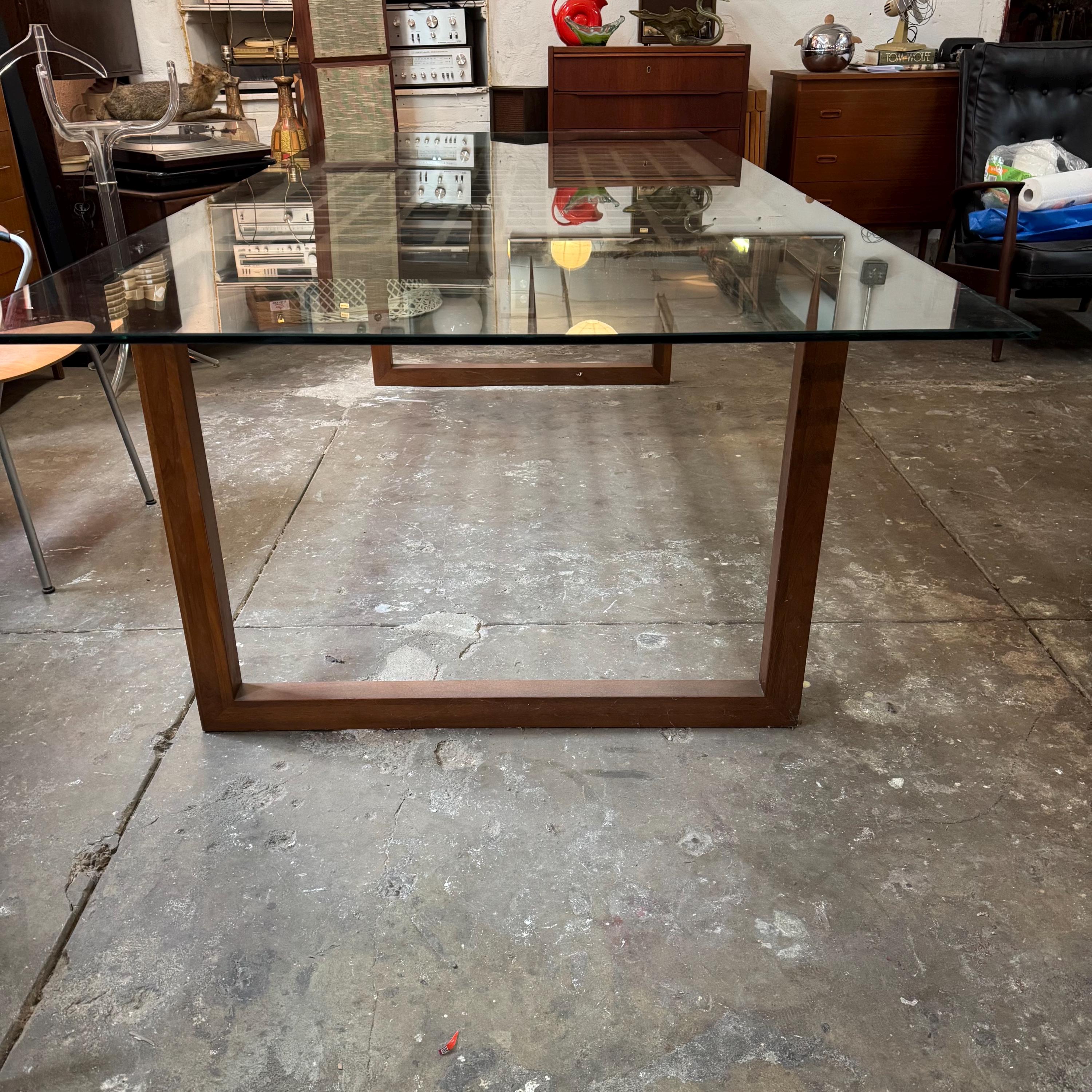 Mid-century Modern Glass Top Dining Table, Walnut Lattice Base - Etsy