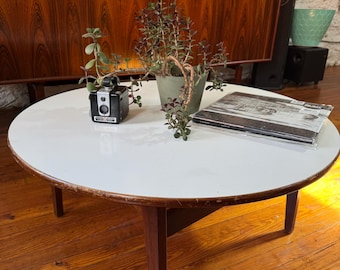 Jens Risom Danish Modern Coffee Table: Teak Base, Laminate Top