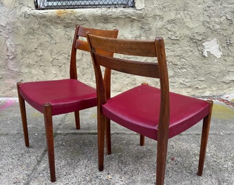 Mid-Century Modern Side Chairs: Danish Teak  Red Vinyl (Pair)