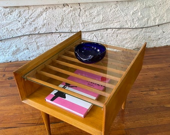 Mid Century Maple End Table, Danish Modern Glass Top
