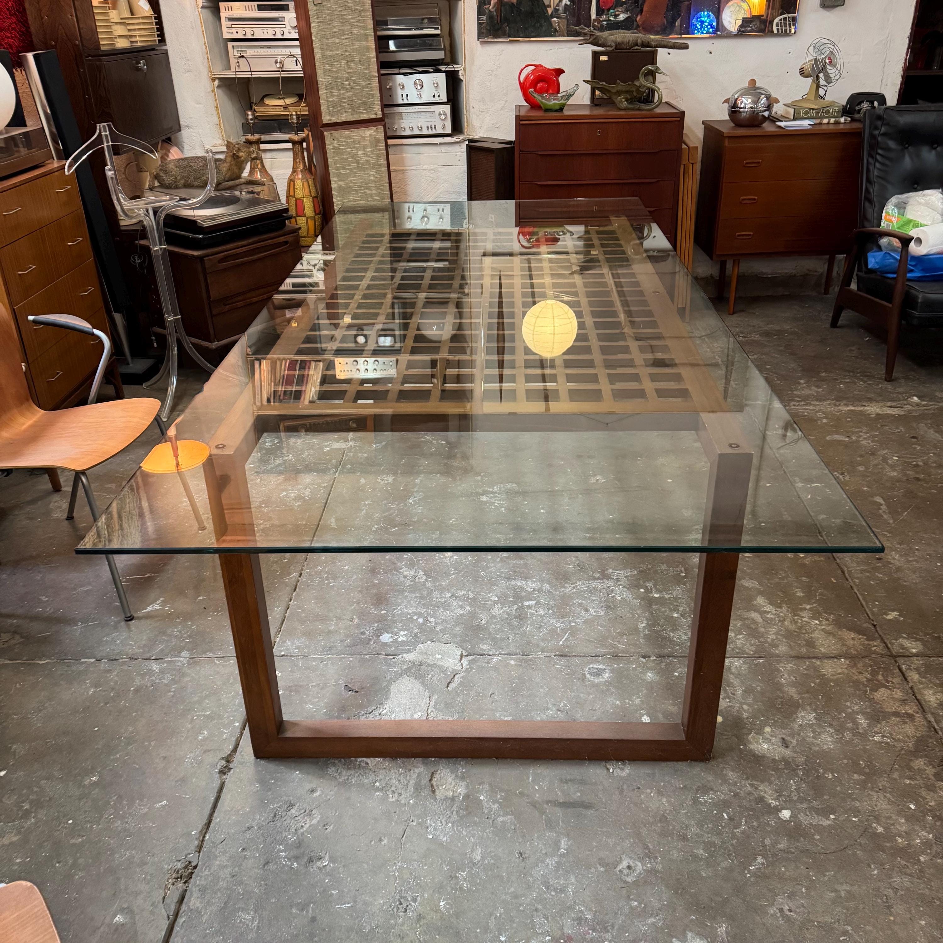 Mid-century Modern Glass Top Dining Table, Walnut Lattice Base - Etsy