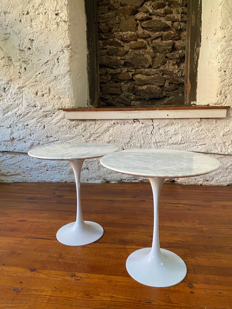 Mid century end table marble tulip side table Sarinen style end table a pair image 1