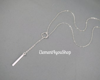 GIFT for her Sterling Silver Lariat Necklace, Vertical Silver Bar Necklace, Modest, Simple and Layered, Square Everyday Jewelry, 925 silver