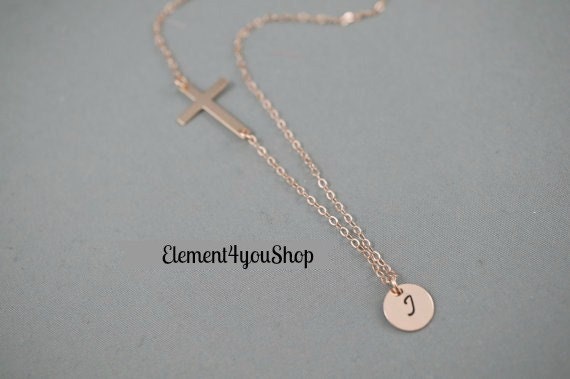 Side cross sterling silver delicate necklace hand stamped initial charm birthday anniversary friends gift Simple everyday necklace Alphabet