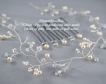 Bridal Pearl Crystal Hair Vine | Wedding Hairpiece, Rose Gold