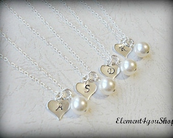 BRIDESMAID INITIAL NECKLACE Personalize gift, Sterling silver jewelry, Wedding gift, Monogram necklace, Birthstone pearls, Heart charm