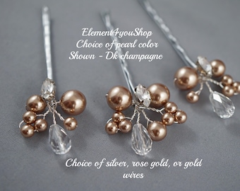 Pearl & Crystal Bridal Hair Pins | Set of 3, Champagne Pearls