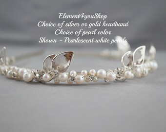 Pearl & Rhinestone Bridal Headband | Silver Leaf Wedding Tiara