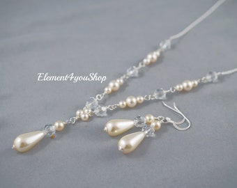 BRIDAL - necklace earrings set, sterling silver 925 jewelry, Cream pearls crystals, Delicate wedding jewelries, Bride bridal bridesmaid gift