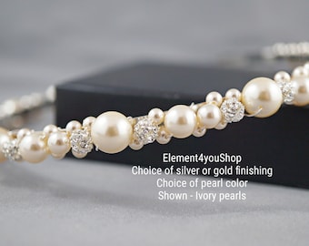 Bridal Hair Jewelry | Pearl Silver Rhinestone Headband | Fall Wedding Tiara Headpiece | Handmade Bride Hair Accessory | Bride Forma Hairdo