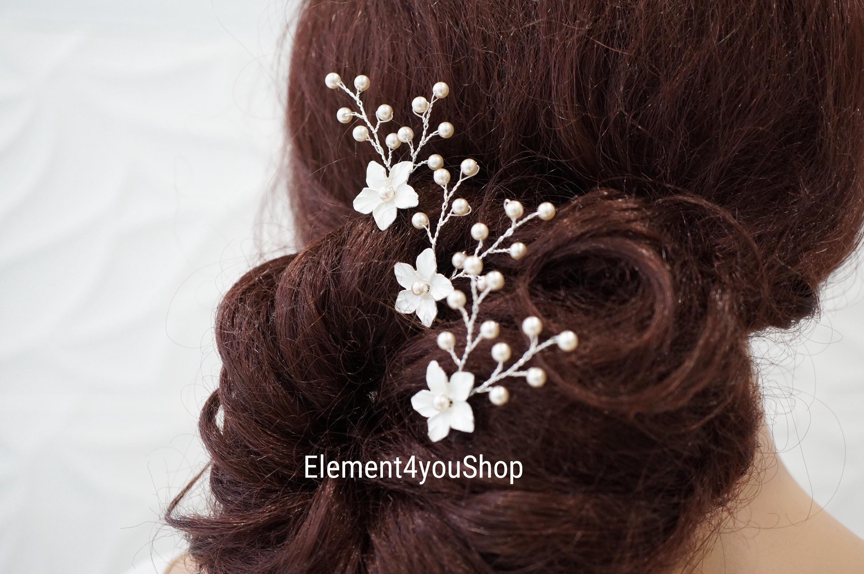Wedding Hair Pins Set Silver Beaded Ceramic Flower Bridal Hair Accessories White Floral hair pins, flower hair accessories for wedding  main image 3