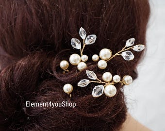Ivory Pearl Bridal Hair Pins | Gold Wire, Crystal Wedding Hair Piece
