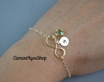 Personalized 14k gold filled Infinity initial bracelet, monogram letter, custom Stamped round & Swarovski Birthstone, Birthday Friends gift