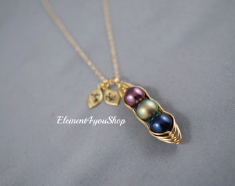 SWEET PEA NECKLACE - Pod necklace initial gold leaf charms Swarovski pearl wire wrapped 2 peas pod Best Friend Sister Mother's Day gift gold