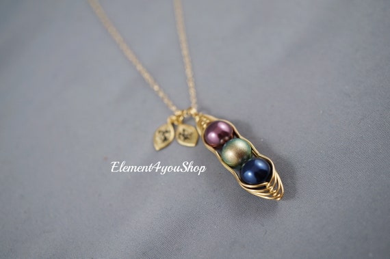 SWEET PEA NECKLACE - Pod necklace initial gold leaf charms Swarovski pearl wire wrapped 2 peas pod Best Friend Sister Mother's Day gift gold